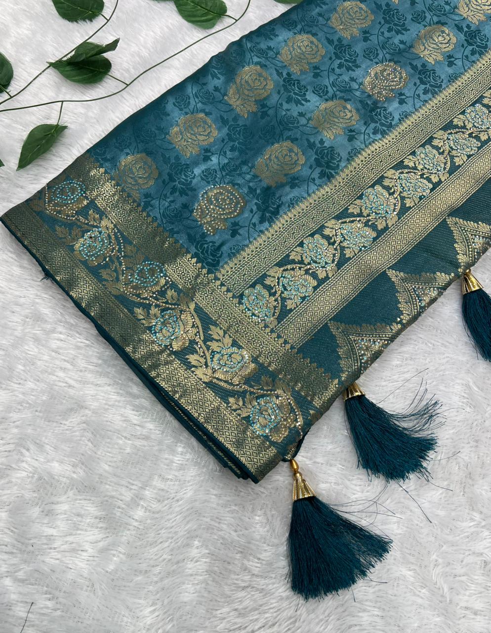 Anula Nexus Teal Blue Satin Saree With Floral Rose Butta, Rich Heritage Border, Designer Pallu & Unstitched Blouse-7