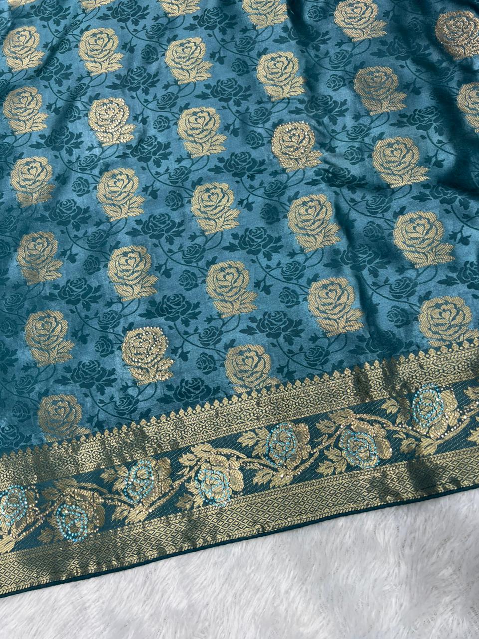 Anula Nexus Teal Blue Satin Saree With Floral Rose Butta, Rich Heritage Border, Designer Pallu & Unstitched Blouse-8