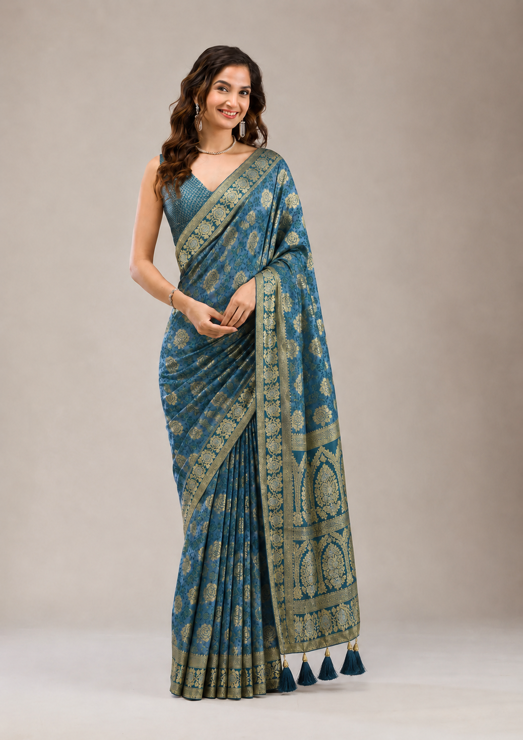 Anula Nexus Teal Blue Satin Saree With Floral Rose Butta, Rich Heritage Border, Designer Pallu & Unstitched Blouse