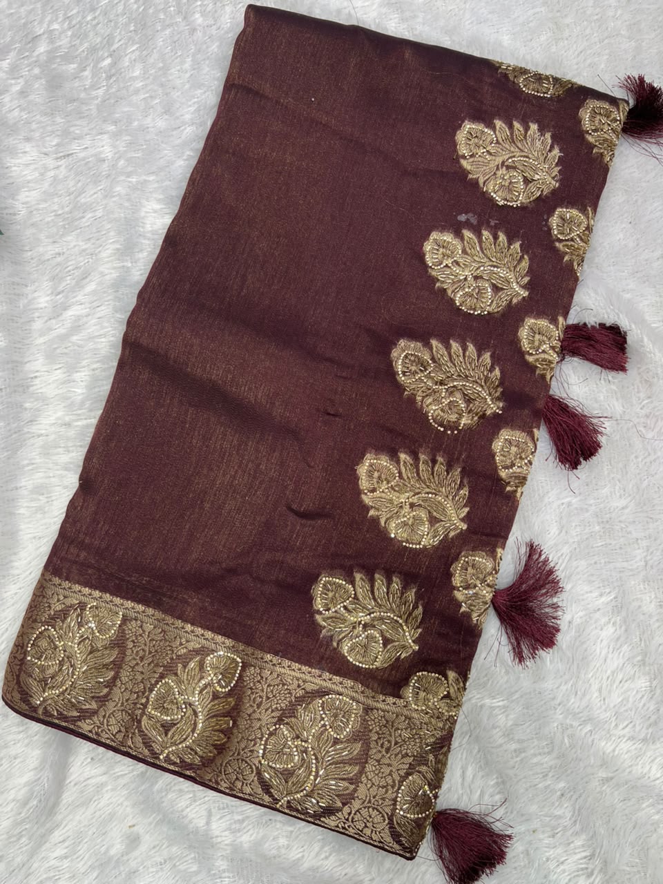 Anula Nexus Wine Purple Premium Linen Saree With Heavy Handwork, Designer Woven Border & Tassel Detailing Matching Unstitched Blouse Piece Included-1