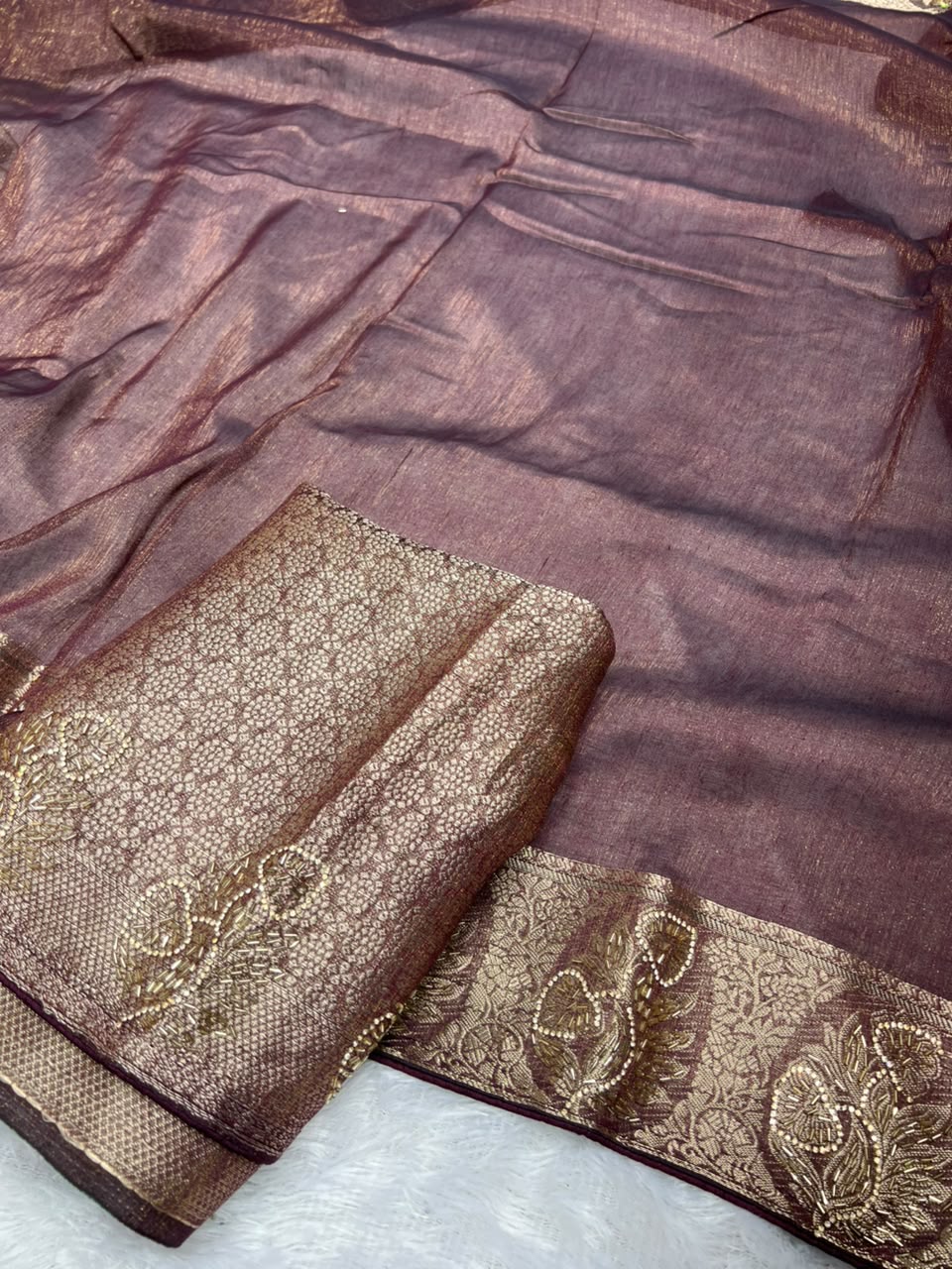 Anula Nexus Wine Purple Premium Linen Saree With Heavy Handwork, Designer Woven Border & Tassel Detailing Matching Unstitched Blouse Piece Included-2