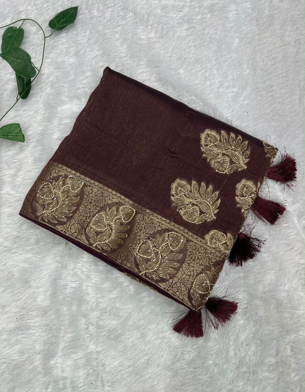 Anula Nexus Wine Purple Premium Linen Saree With Heavy Handwork, Designer Woven Border & Tassel Detailing Matching Unstitched Blouse Piece Included