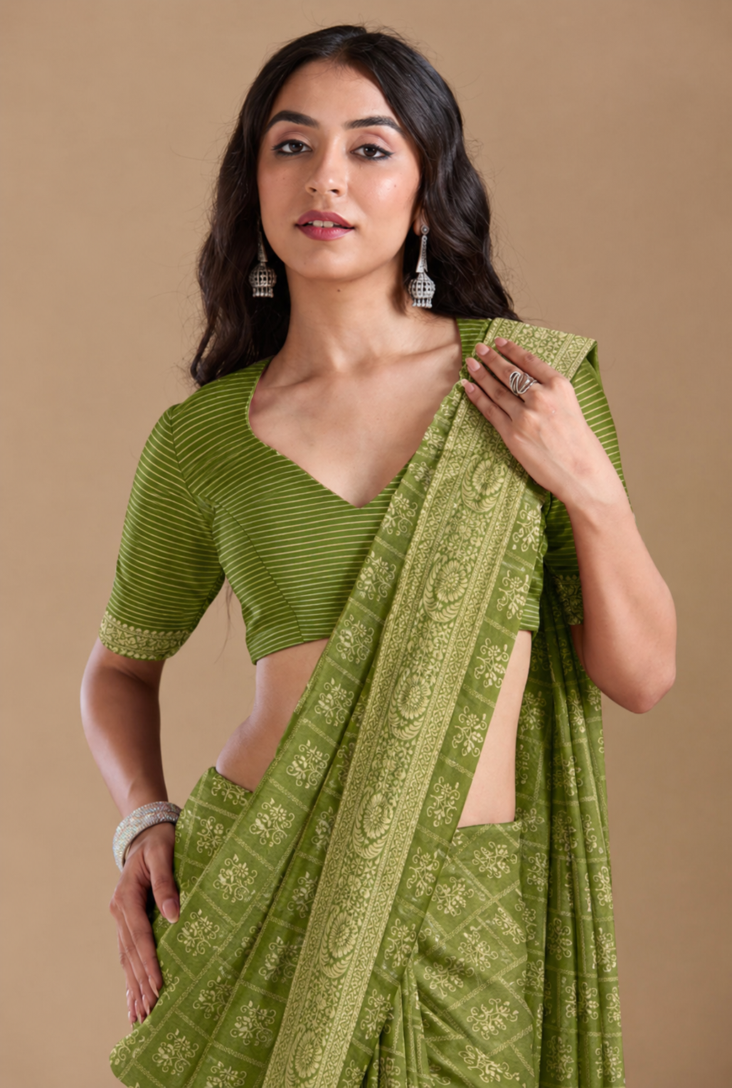 Olive Green Cotton Saree With Floral Butta Weaving, Rich Zari Pallu & Matching Unstitched Blouse Piece