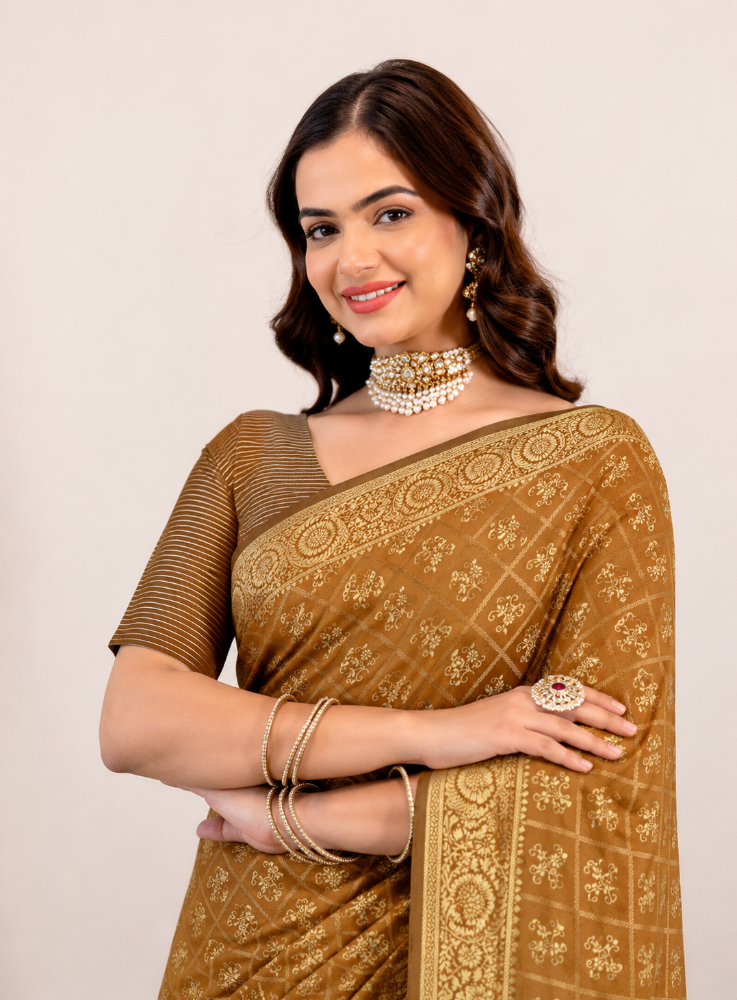 Copper Brown Cotton Saree With Floral Butta Weaving, Grand Zari Pallu & Matching Unstitched Blouse Piece