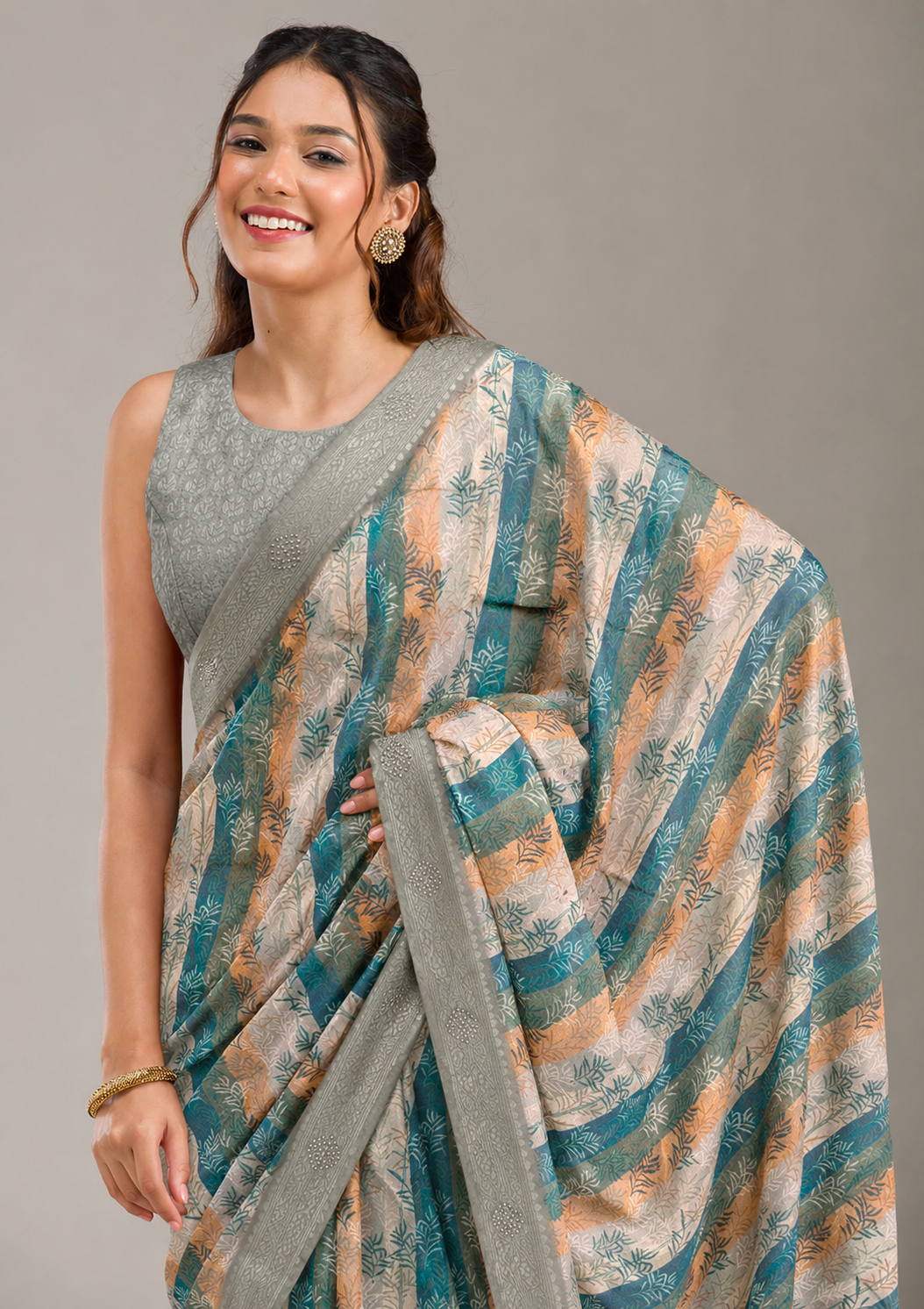 Sage Green Cotton Saree With Printed Pallu, Stone Work,Tassel Detailing & Unstitched Blouse Piece