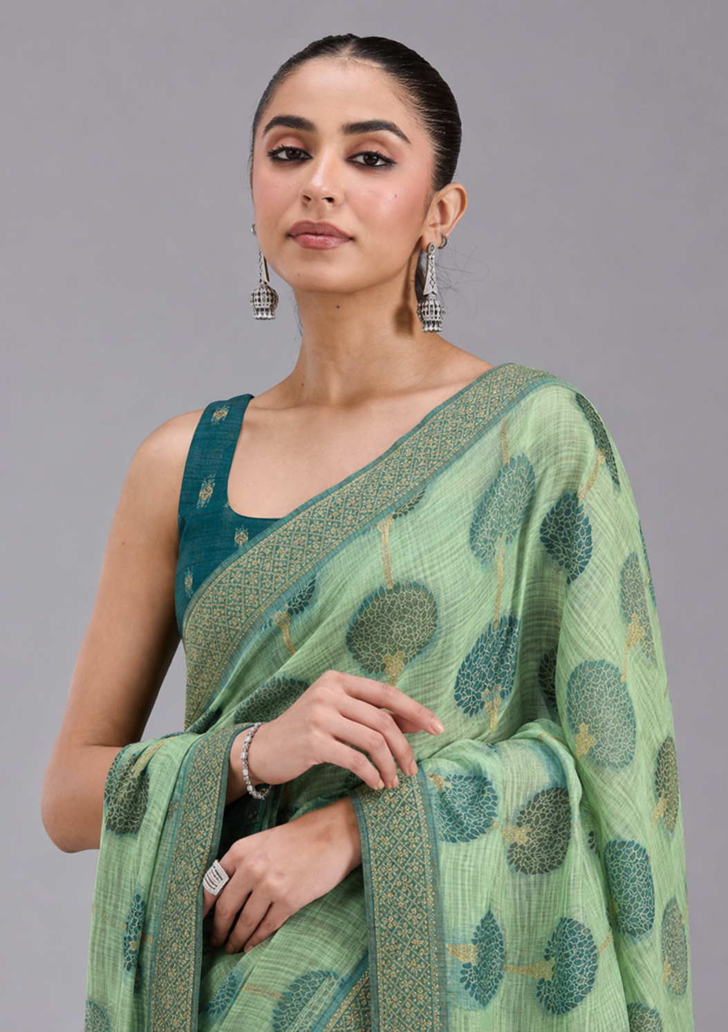 Mint Green Cotton Saree With Tree Motif Weaving, Teal Green Gold Zari Border & Matching Unstitched Blouse Piece