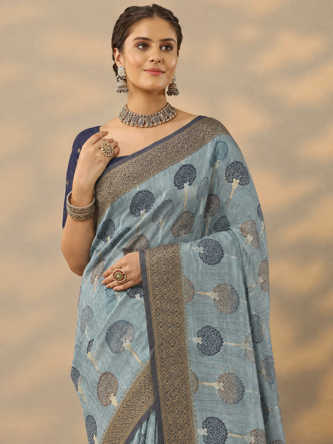 Sky Blue Cotton Saree With Woven Tree Motifs, Navy Blue Zari Border & Matching Unstitched Blouse Piece