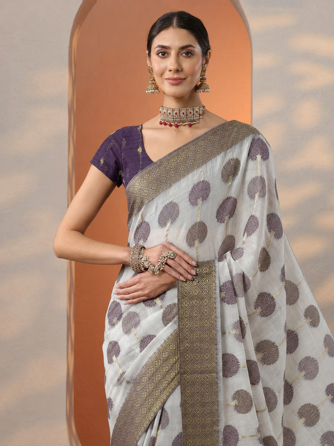 Lavender Purple Cotton Saree With Tree Inspired Woven Design, Rich Gold Zari Border & Unstitched Blouse Piece