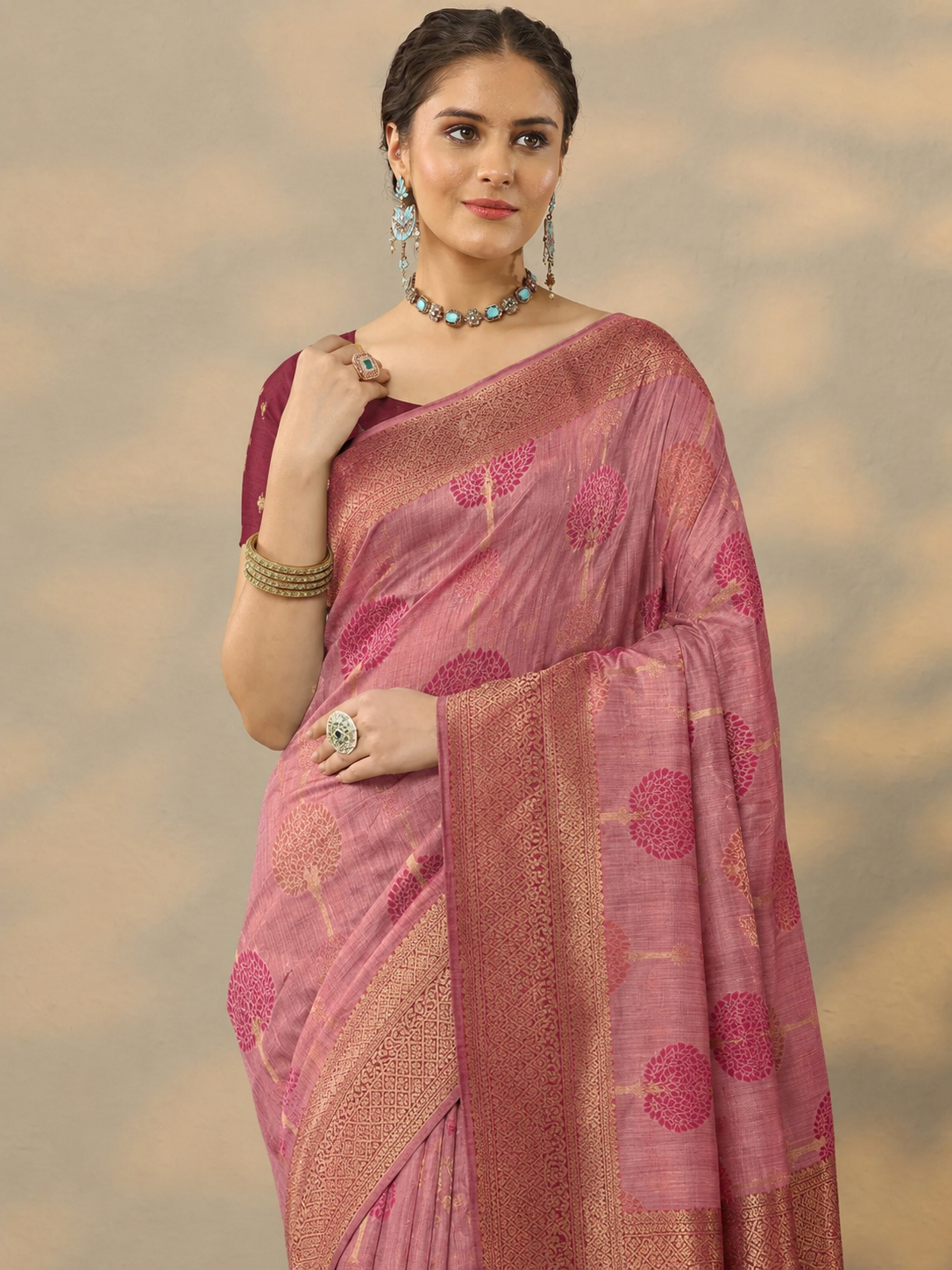 Premium Cotton Saree For Women Dusty Rose Pink Tree Inspired Woven Design, Rich Gold Zari Border With Unstitched Blouse Piece Included