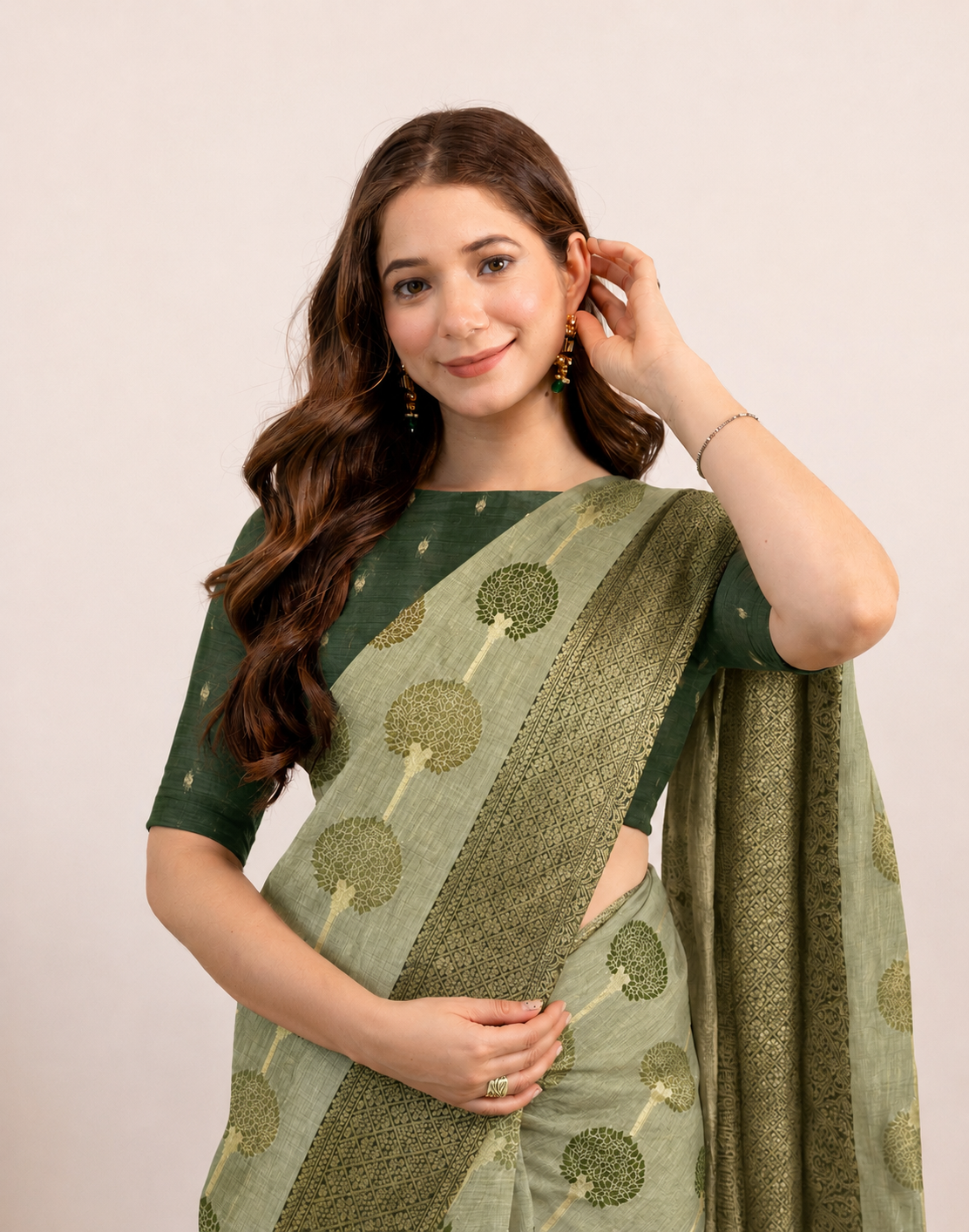 Off White Cotton Saree With Tree Print Design, Rich Woven Zari Border & Unstitched Blouse Piece