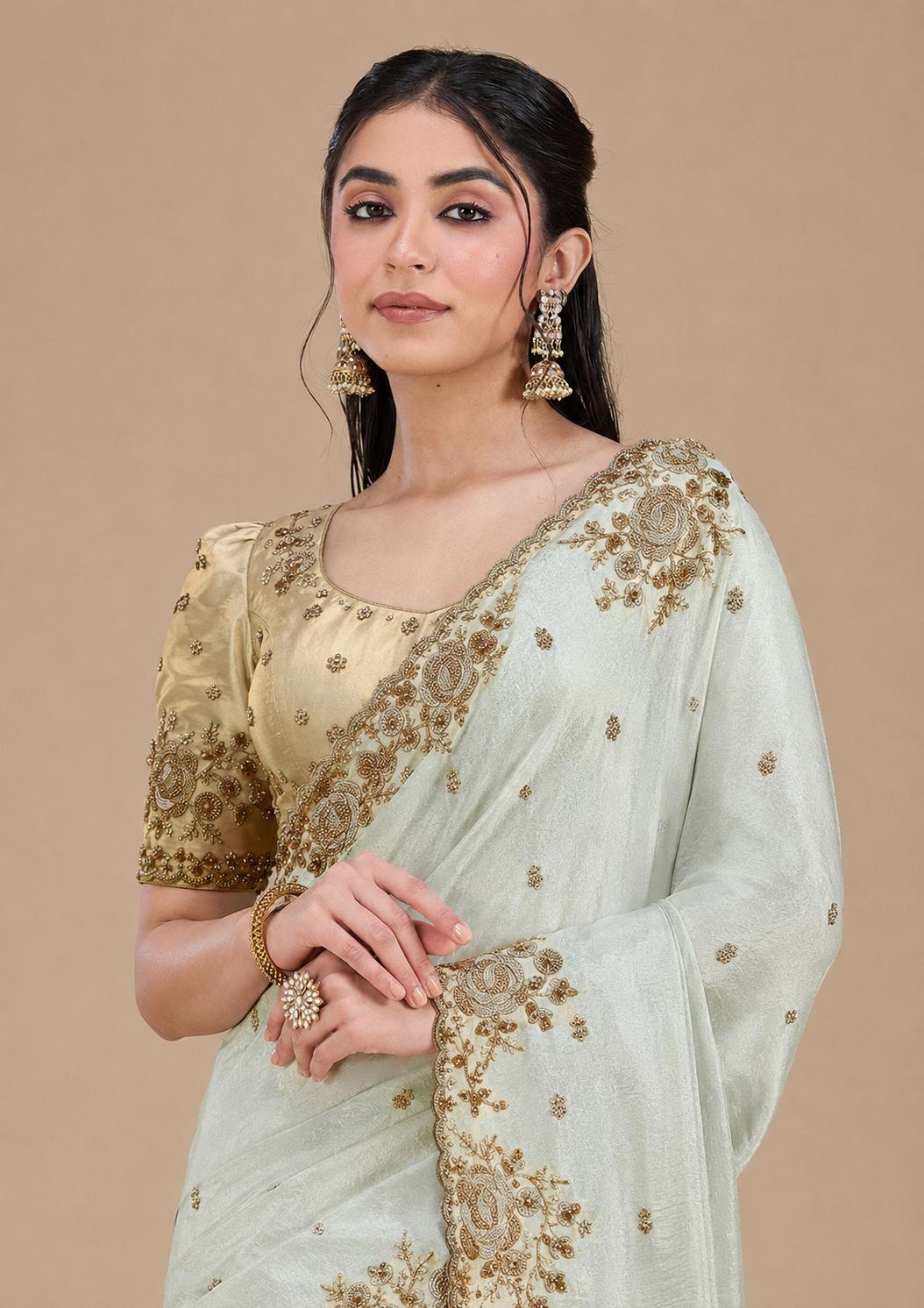 Ivory White Pure Viscose Saree With Heavy Beads Work Border & Designer Stitched Blouse