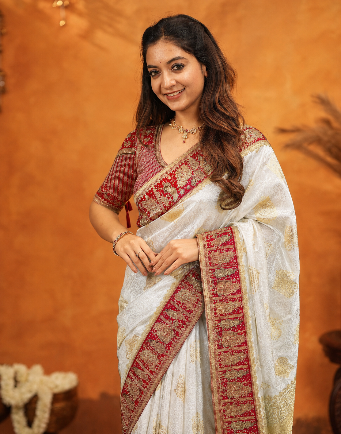 Royal Zarkhan Viscose Satin Saree With Heavy Embroidered Stitched Blouse & Unstitched Blouse Piece (Ivory White & Ruby Red)