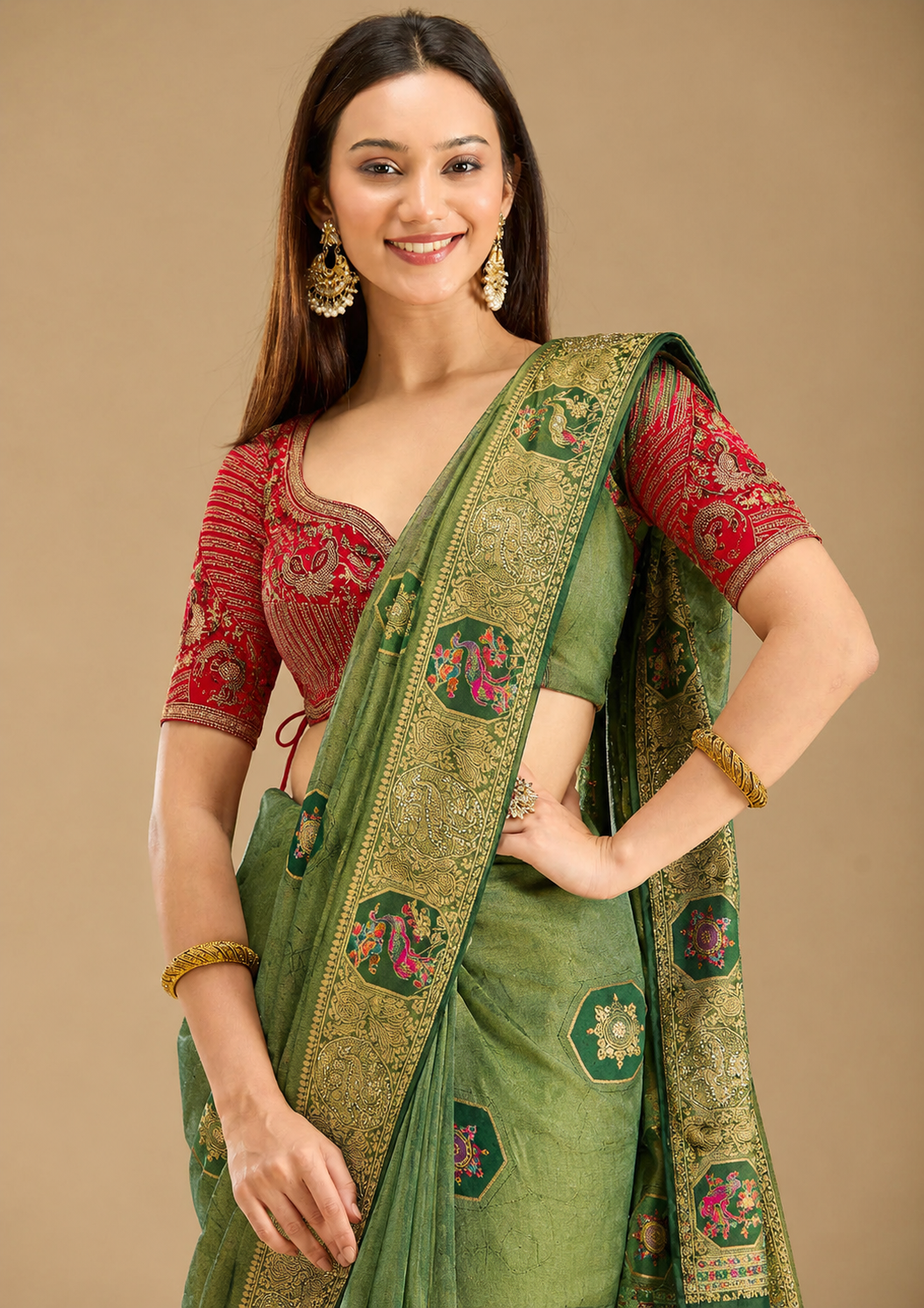 Heritage Zarkhan Bottle Green Viscose Satin Saree With Heavy Embroidered Stitched Blouse & Unstitched Blouse Piece