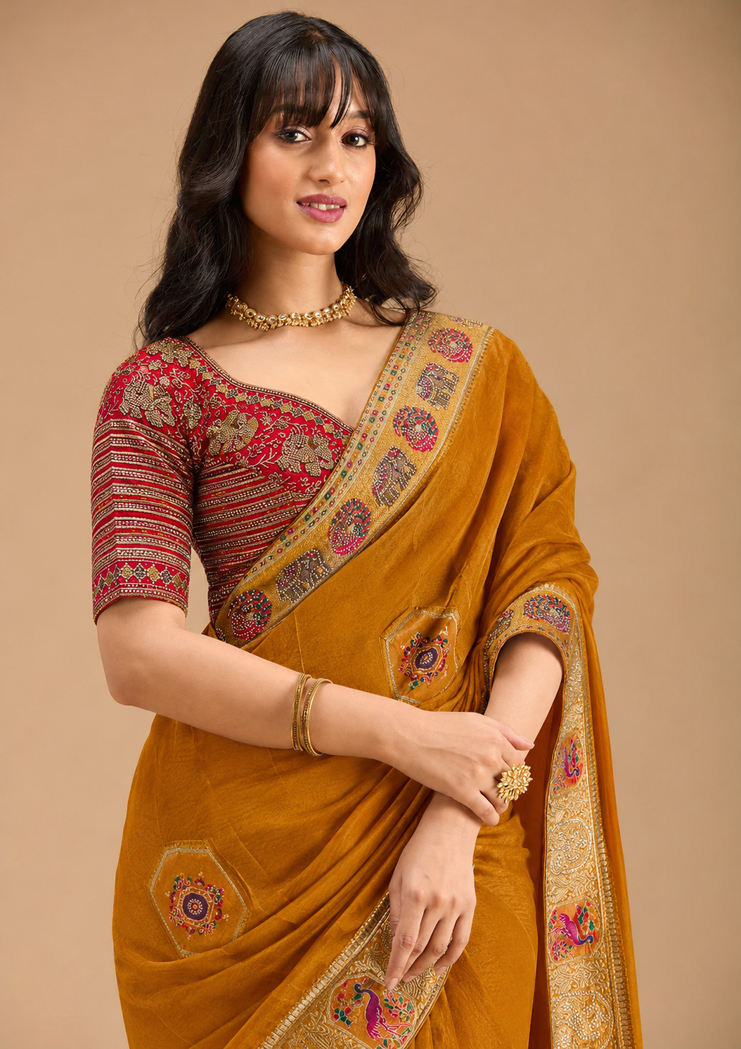 Heritage Royale Viscose Satin Saree With Heavy Zarkhan Work, Embroidered Stitched Blouse & Unstitched Blouse Piece