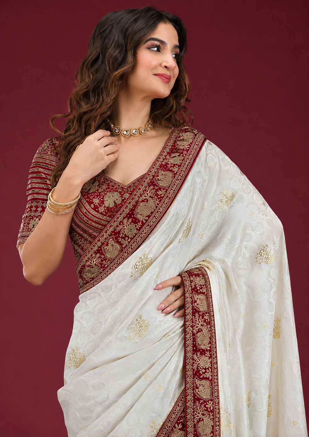 Red White Zarkhan Woven Viscose Satin Saree With Stitched Designer Blouse and Unstitched Blouse Piece