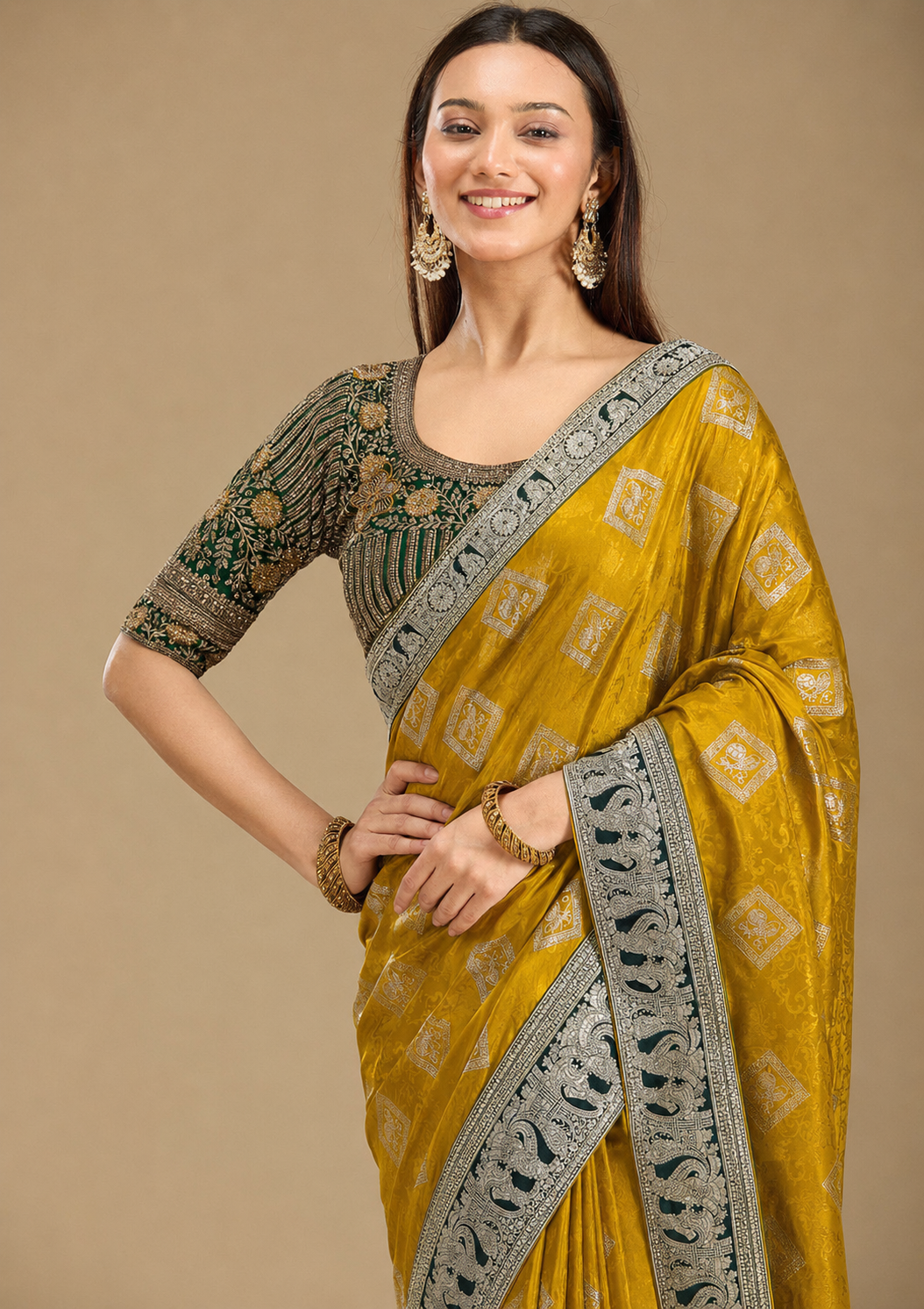 Royal Zarkhan Viscose Saree With Embroidered Stitched Blouse - Anula Nexus
