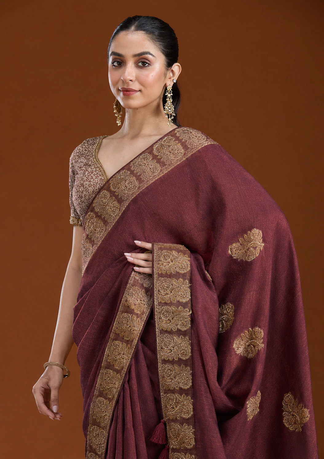 Wine Purple Premium Linen Saree With Heavy Handwork, Designer Woven Border & Tassel Detailing Matching Unstitched Blouse Piece Included