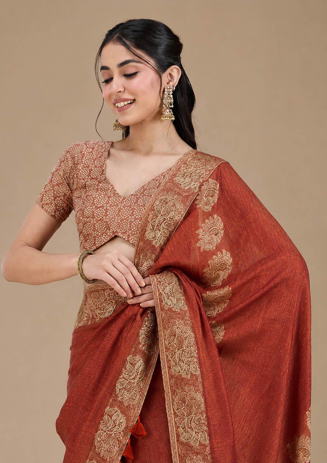Rust Orange Premium Linen Saree With Heavy Handwork, Designer Woven Border & Tassel Detailing, Matching Unstitched Blouse Piece Included