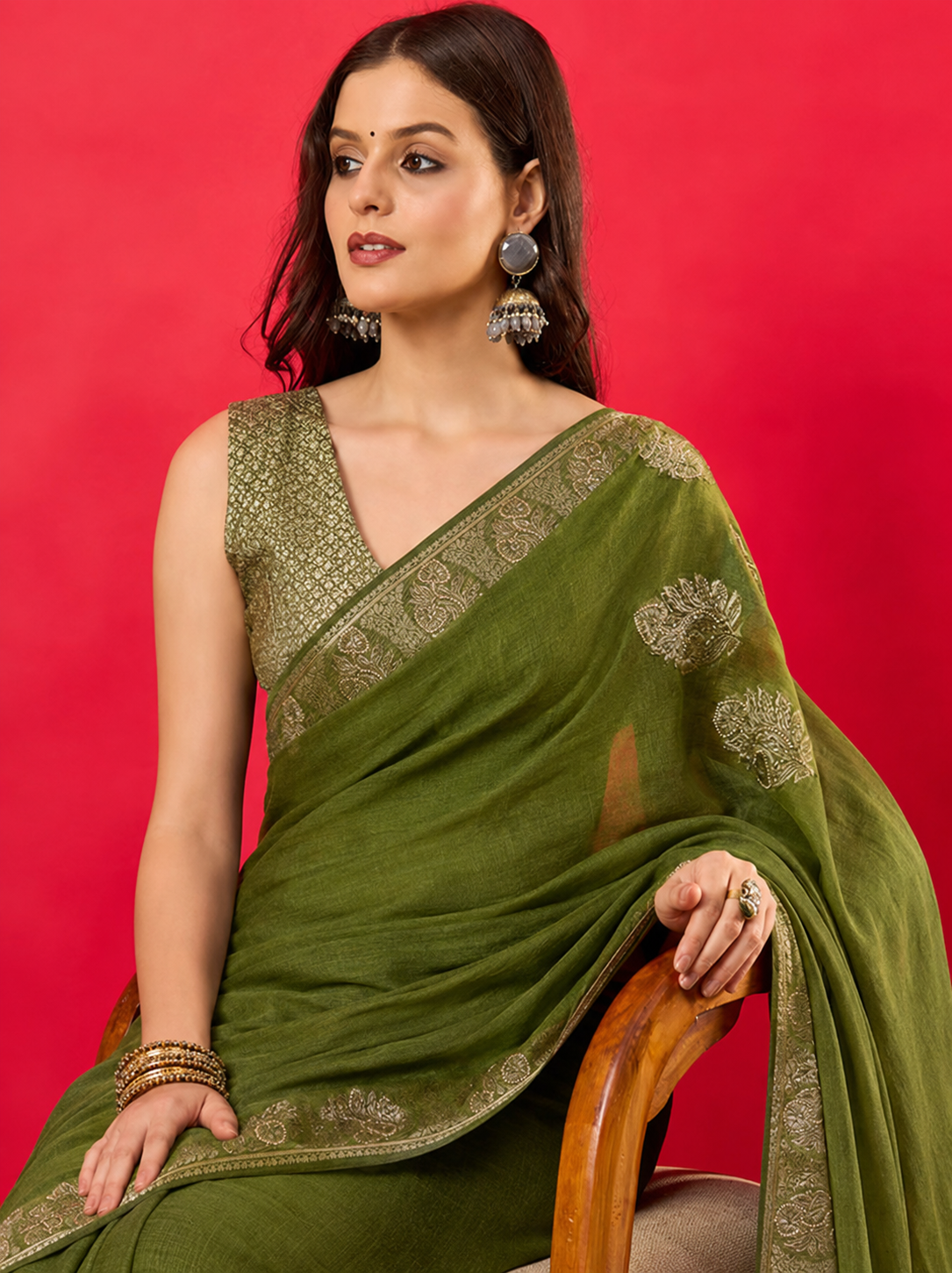Olive Green Premium Linen Saree With Heavy Handwork, Designer Woven Border & Tassel Detailing, Matching Unstitched Blouse Piece Included