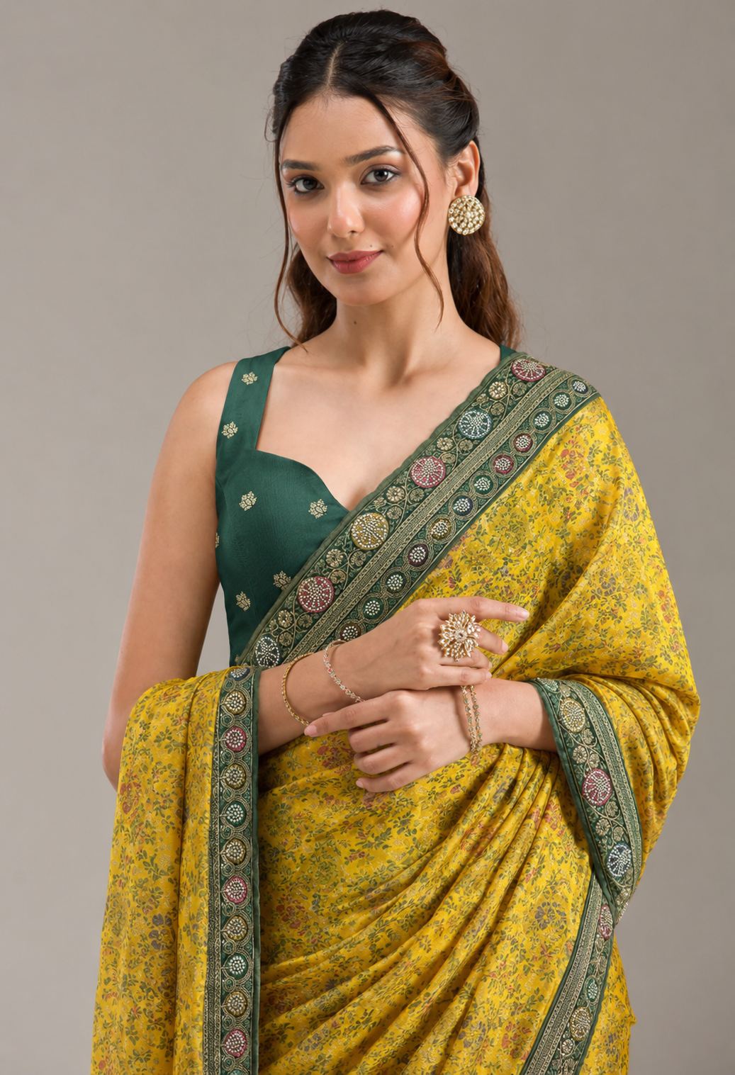 Mustard Yellow Satin Saree With Floral Weaving, Pearl Work Designer Border, Bottle Green Pallu & Unstitched Blouse Piece
