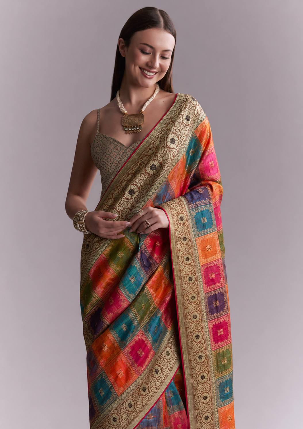 Organza Saree | Swarovski & Moti Work | Wedding — Multicolour Patchwork