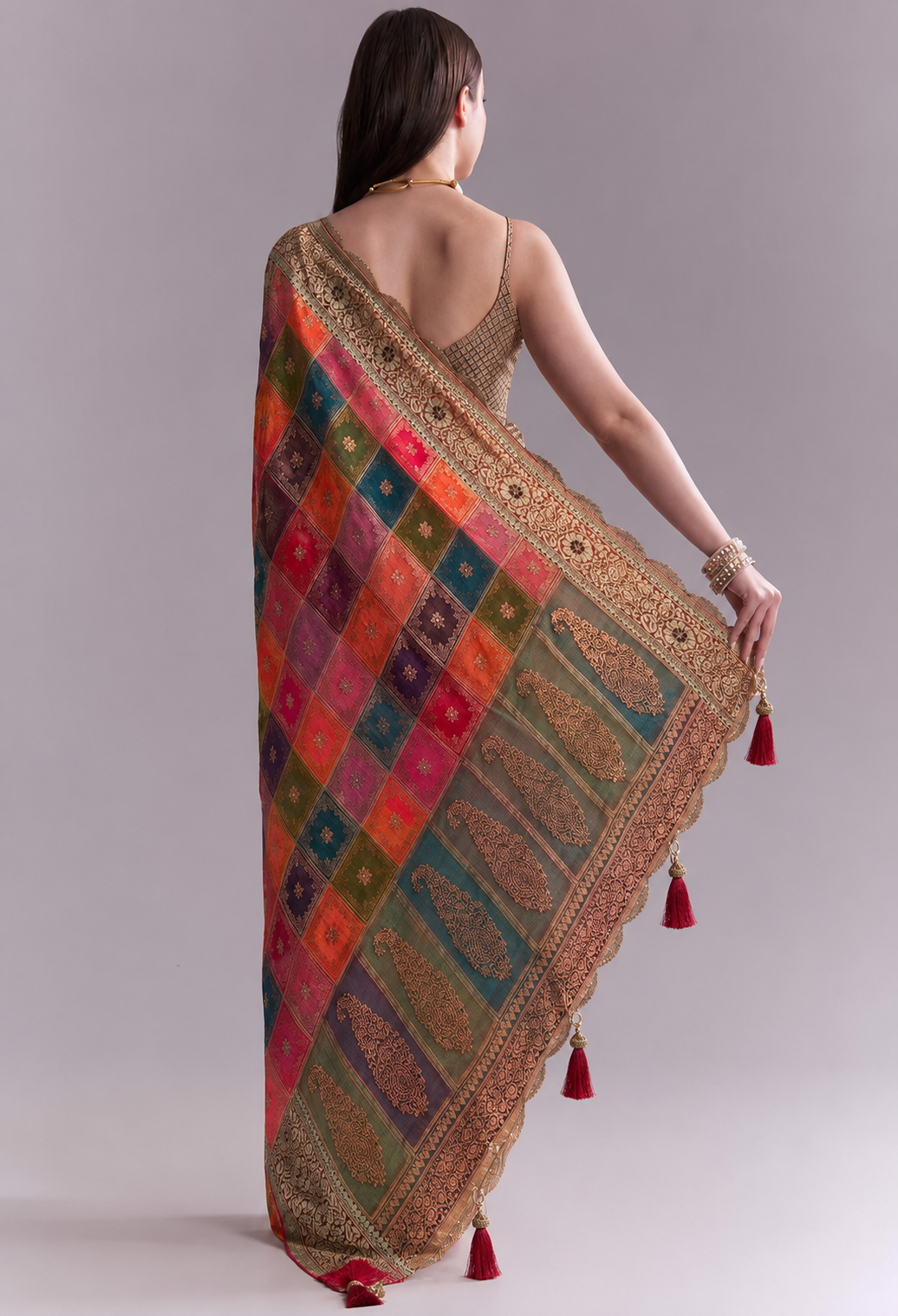 Organza Saree | Swarovski & Moti Work | Wedding — Multicolour Patchwork