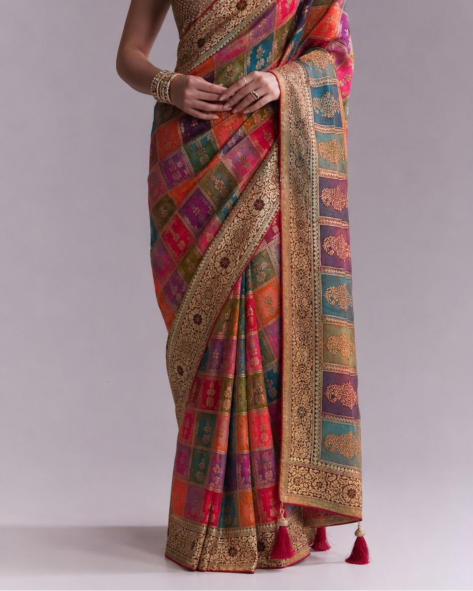 Organza Saree | Swarovski & Moti Work | Wedding — Multicolour Patchwork