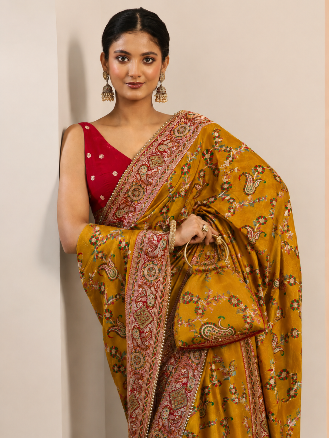 Premium Kashmiri Dola Silk Saree with Heavy Swarovski Work, Crystal Border & Designer Tassels, Matching Potli Bag & Unstitched Blouse Piece Included