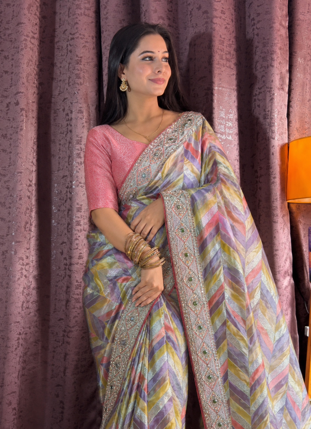 Premium Lehariya Satin Saree With Mirror Work & Zarkhan Work, Multicolor Designer Pattern, Matching Unstitched Blouse Piece