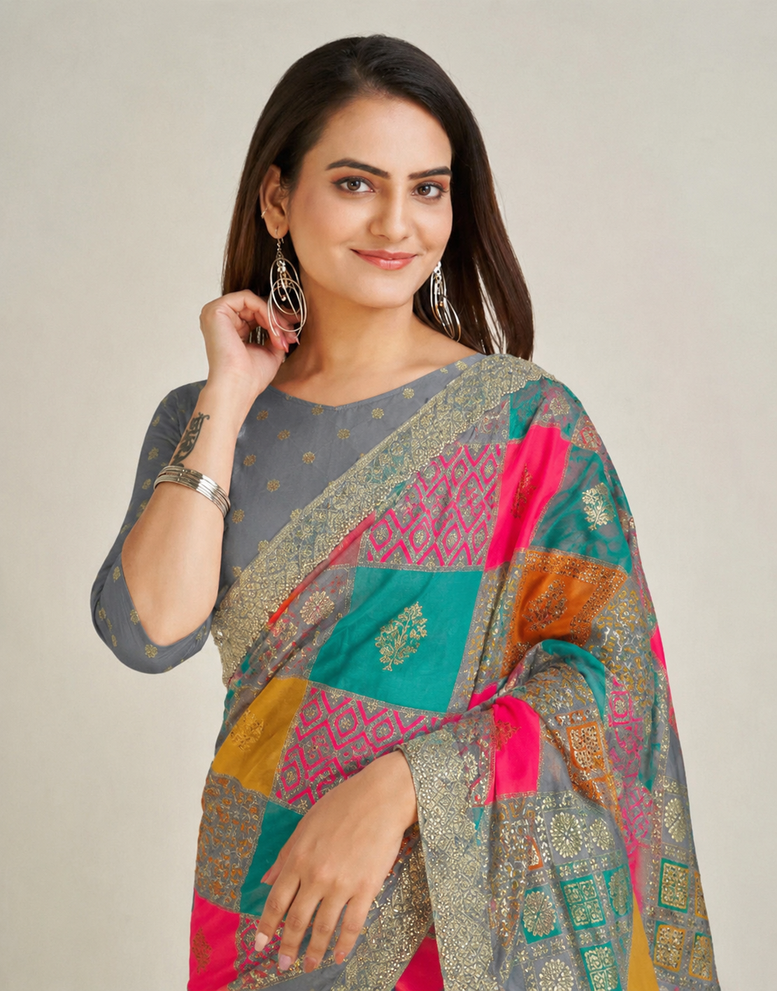 Grey Malai Satin Saree With Multi Box Rainbow Design, Cut Work Border & Unstitched Blouse