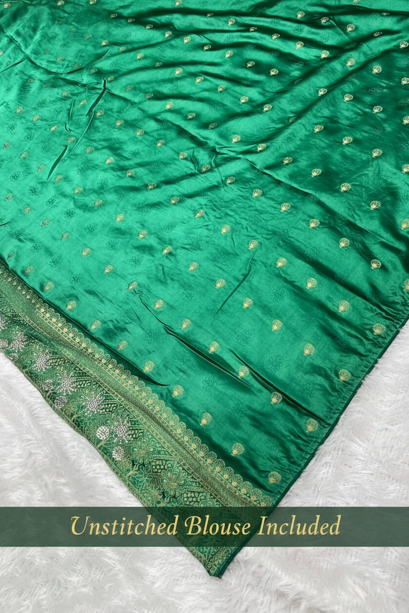 Premium Emerald Green Pure Satin Saree With Heavy Designer Work & Unstitched Blouse | Anula Nexus-1