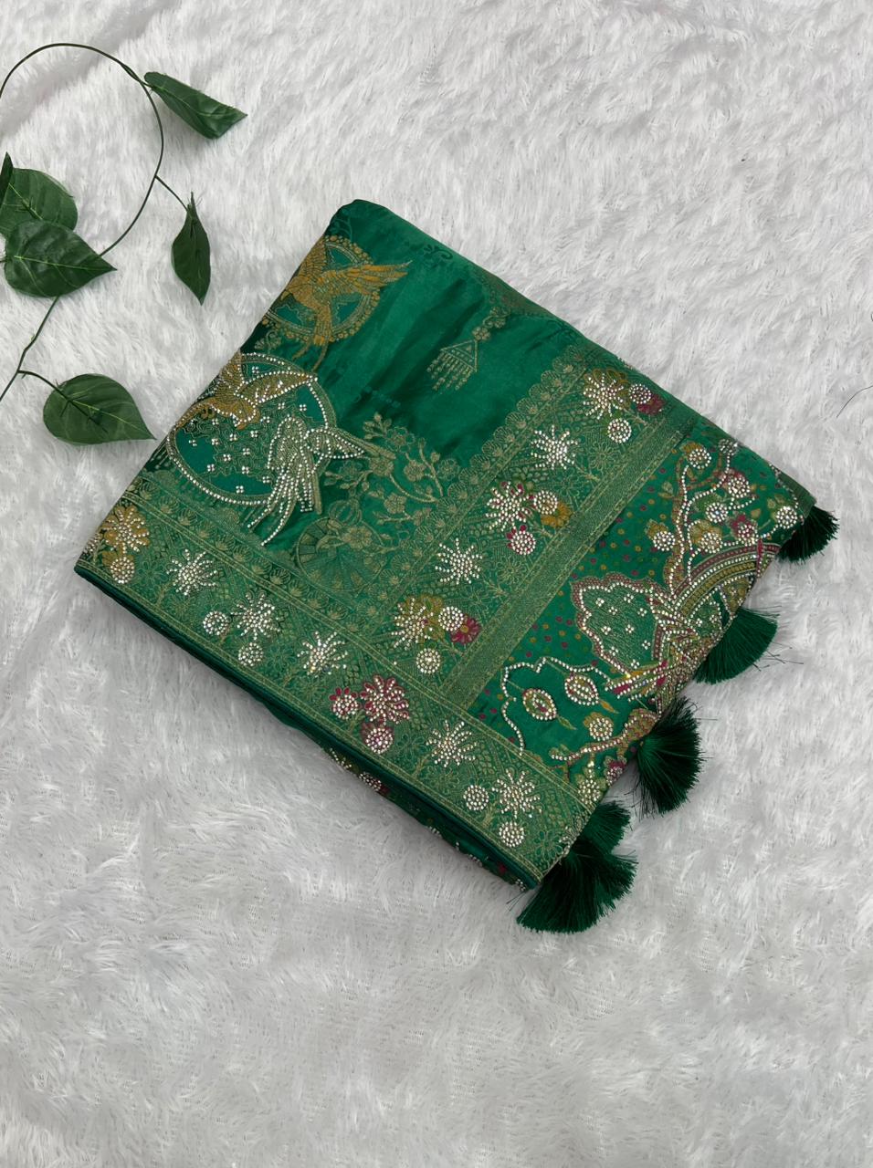 Premium Emerald Green Pure Satin Saree With Heavy Designer Work & Unstitched Blouse | Anula Nexus-2