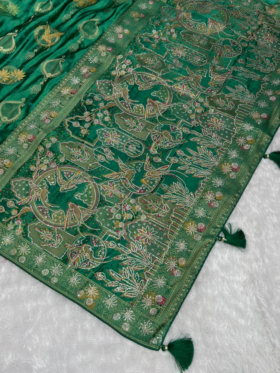 Premium Emerald Green Pure Satin Saree With Heavy Designer Work & Unstitched Blouse | Anula Nexus-3