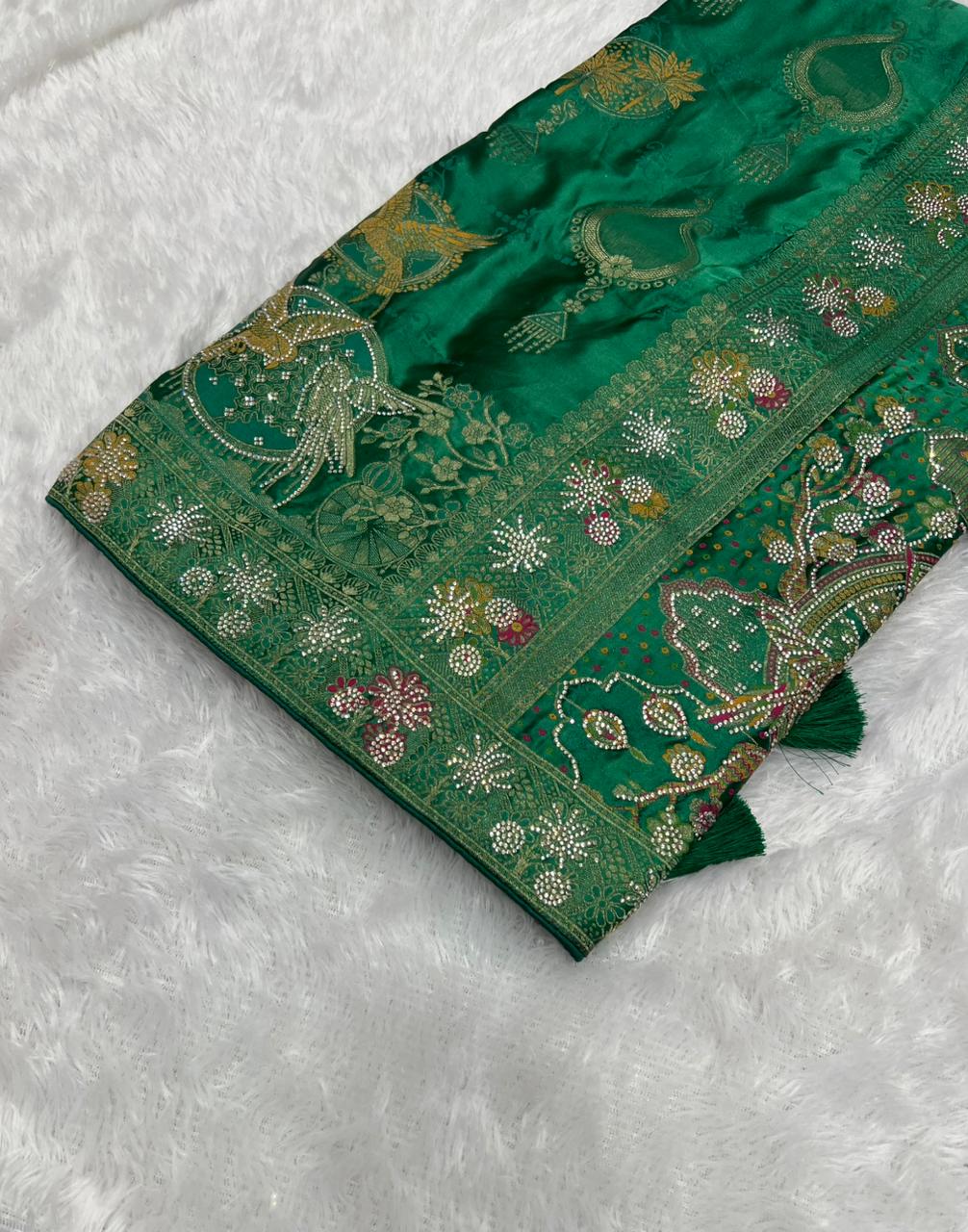 Premium Emerald Green Pure Satin Saree With Heavy Designer Work & Unstitched Blouse | Anula Nexus-4