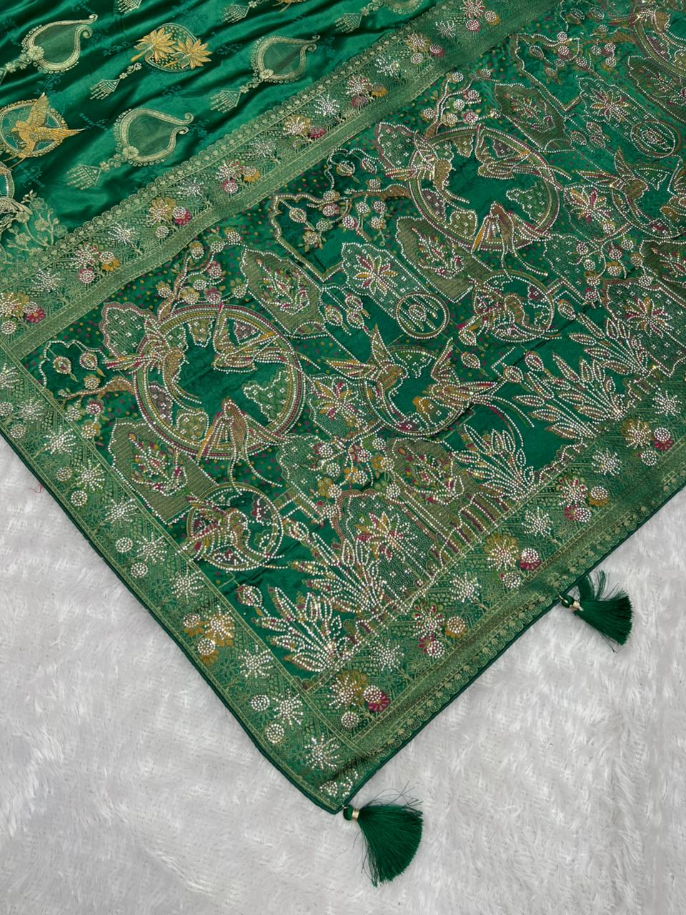 Premium Emerald Green Pure Satin Saree With Heavy Designer Work & Unstitched Blouse | Anula Nexus-5