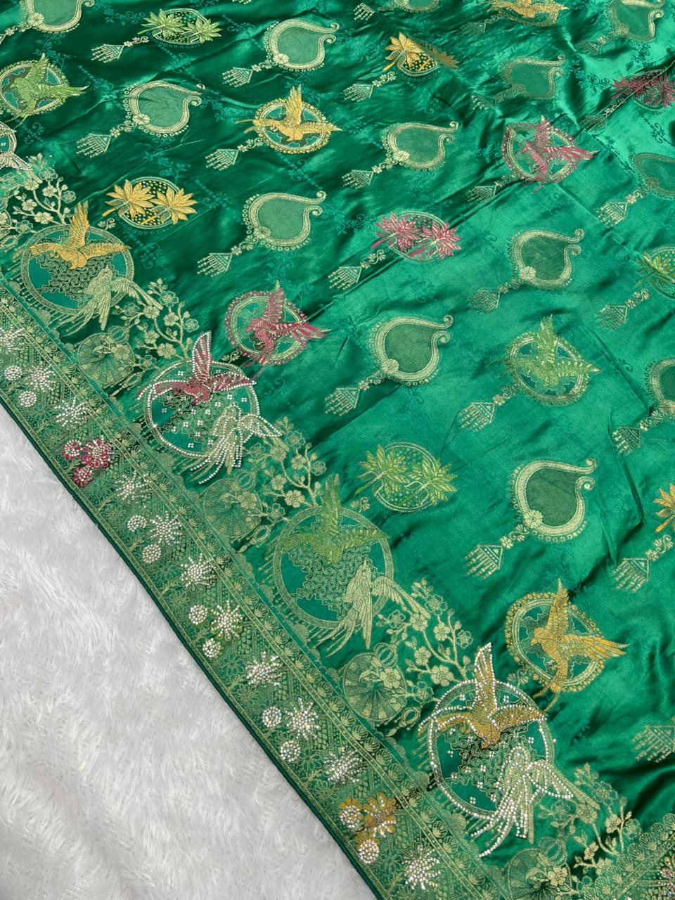 Premium Emerald Green Pure Satin Saree With Heavy Designer Work & Unstitched Blouse | Anula Nexus-6