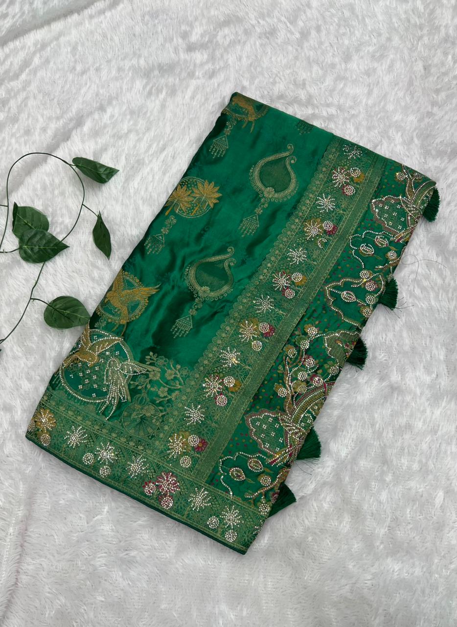 Premium Emerald Green Pure Satin Saree With Heavy Designer Work & Unstitched Blouse | Anula Nexus