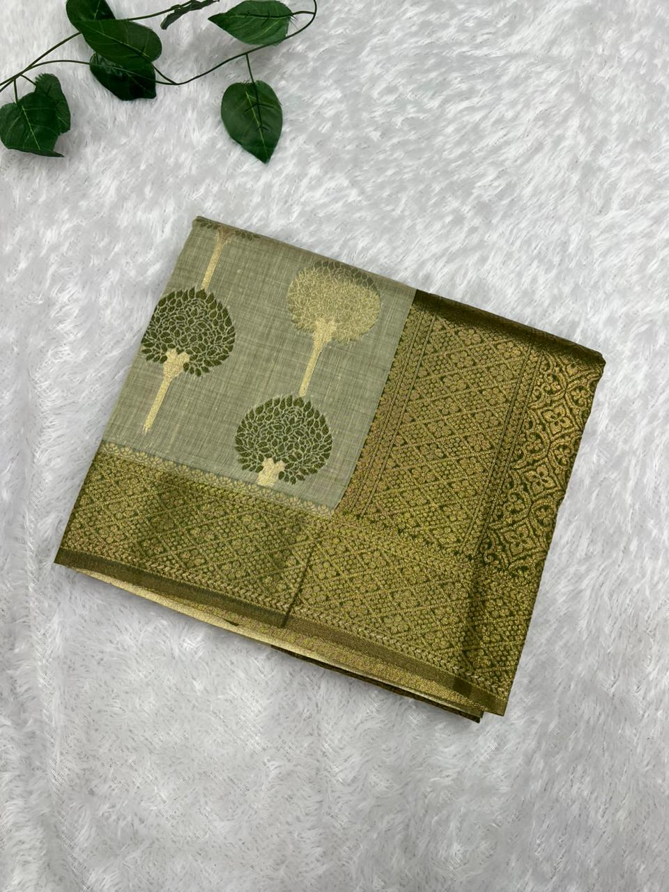 Off White Cotton Saree With Tree Print Design, Rich Woven Zari Border & Unstitched Blouse Piece