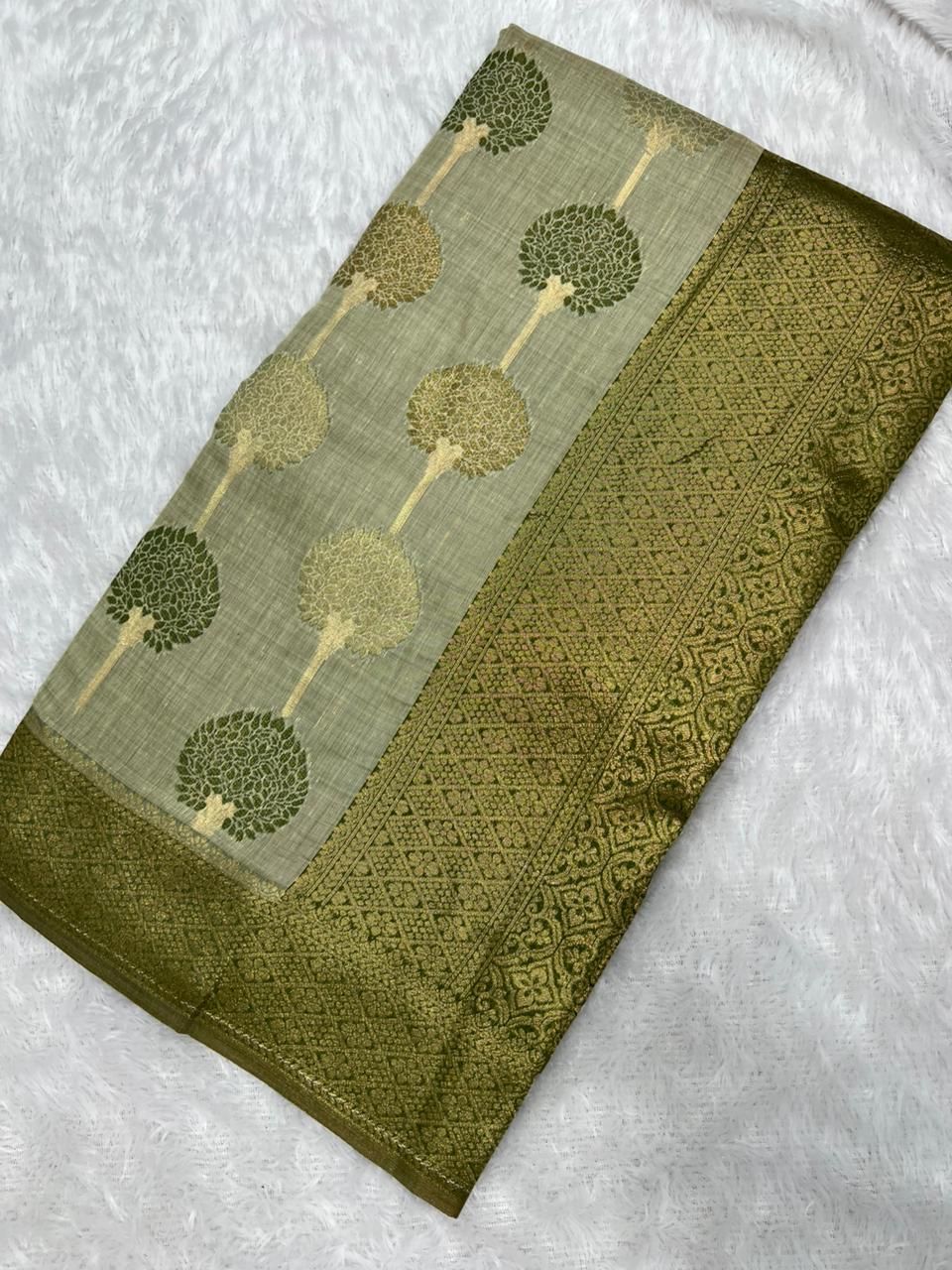 Off White Cotton Saree With Tree Print Design, Rich Woven Zari Border & Unstitched Blouse Piece