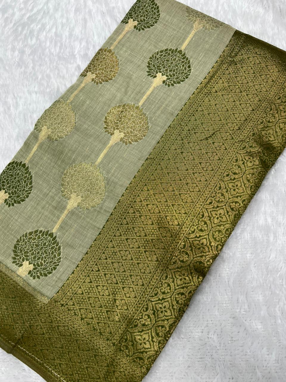 Off White Cotton Saree With Tree Print Design, Rich Woven Zari Border & Unstitched Blouse Piece