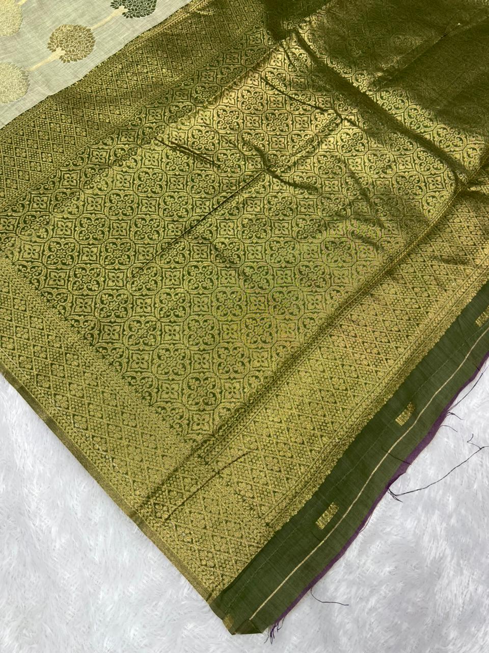 Off White Cotton Saree With Tree Print Design, Rich Woven Zari Border & Unstitched Blouse Piece