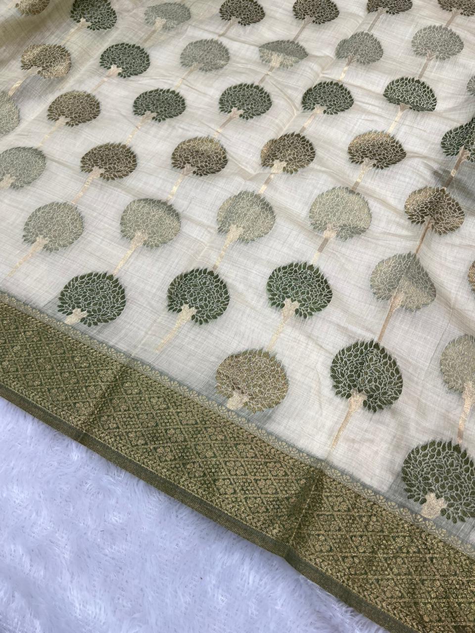 Off White Cotton Saree With Tree Print Design, Rich Woven Zari Border & Unstitched Blouse Piece