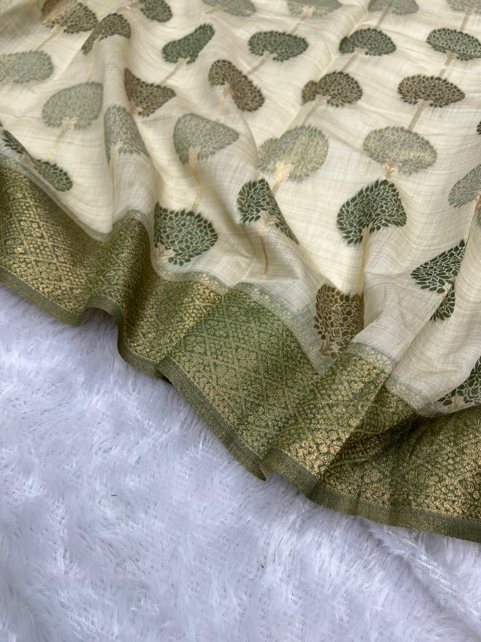 Off White Cotton Saree With Tree Print Design, Rich Woven Zari Border & Unstitched Blouse Piece