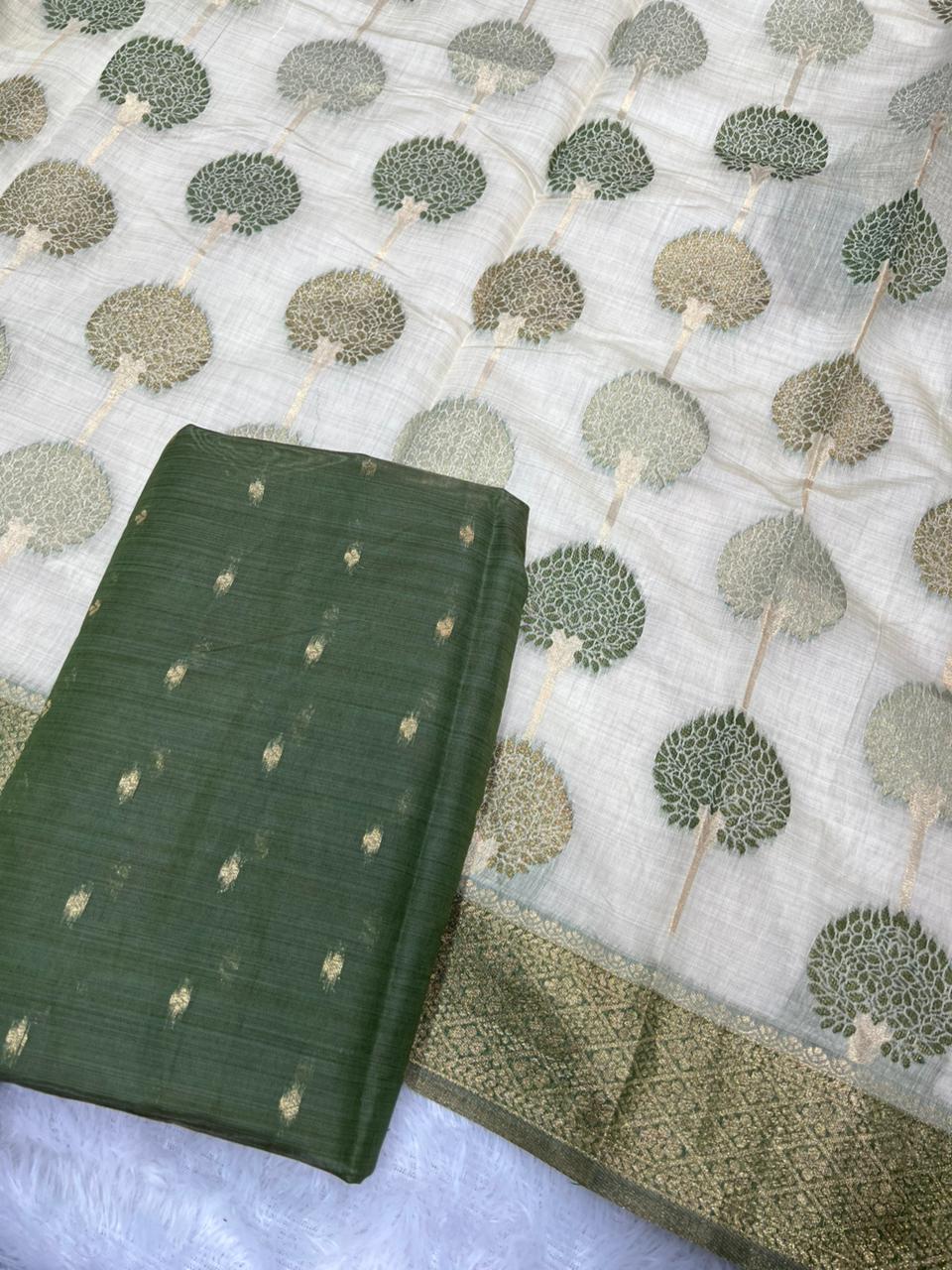 Off White Cotton Saree With Tree Print Design, Rich Woven Zari Border & Unstitched Blouse Piece