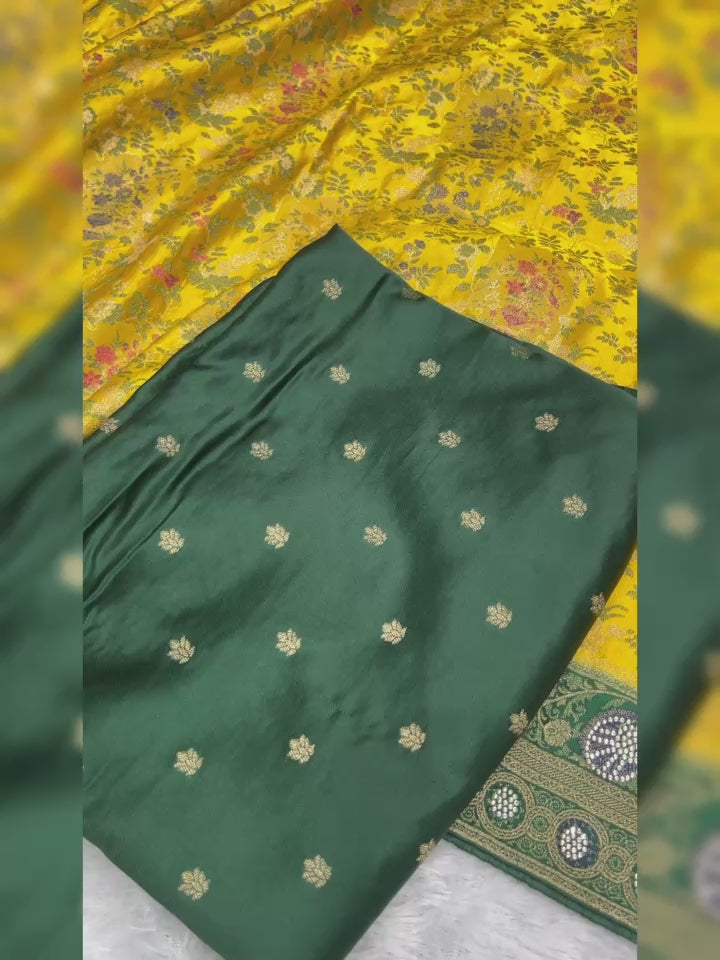Anula Nexus Mustard Yellow Satin Saree With Floral Weaving, Pearl Work Designer Border, Bottle Green Pallu & Unstitched Blouse Piece-8